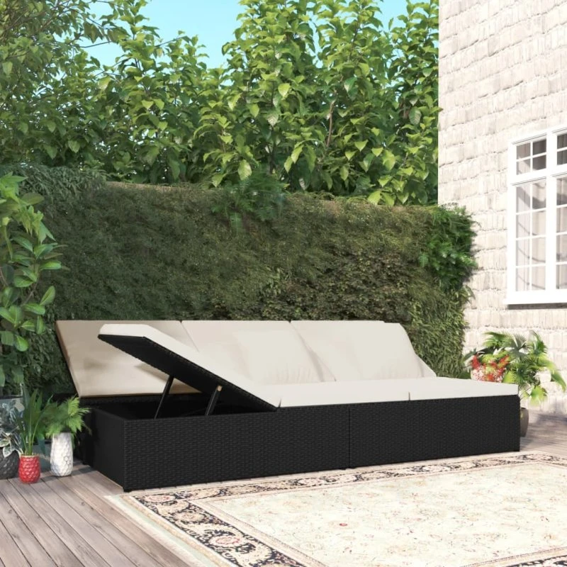 Fleksibel solseng 2-i-1 i polyrattan med hynder – sort