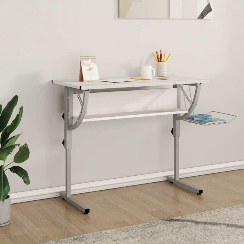 Justerbart skrivebord 110x53 cm – hvid/grå, træ & stål