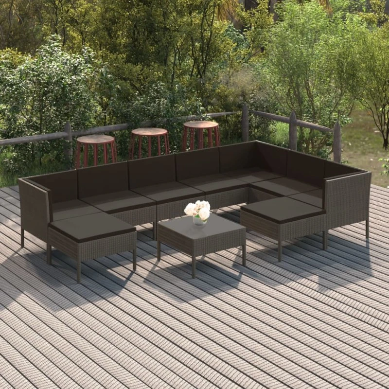 Loungesæt i polyrattan 10 dele med hynder, grå