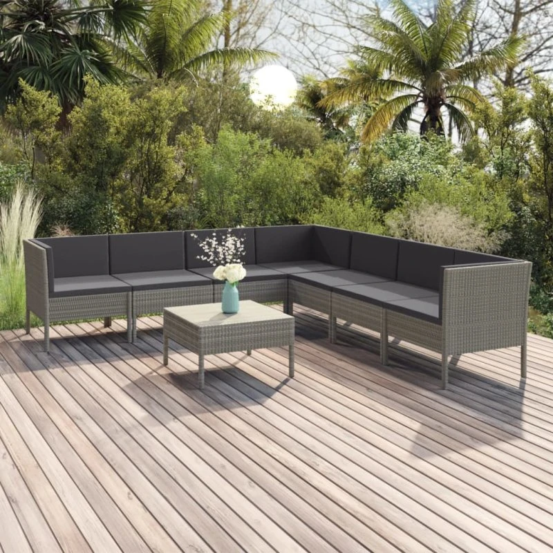 Loungesæt i polyrattan 8 dele med hynder – Grå