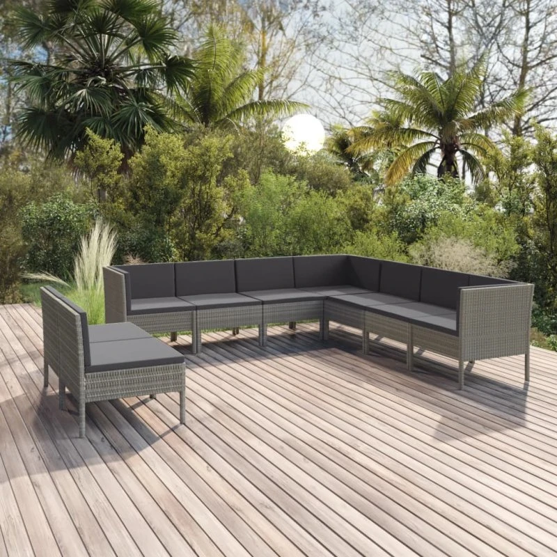 Loungesæt til haven 9 dele i grå polyrattan med hynder