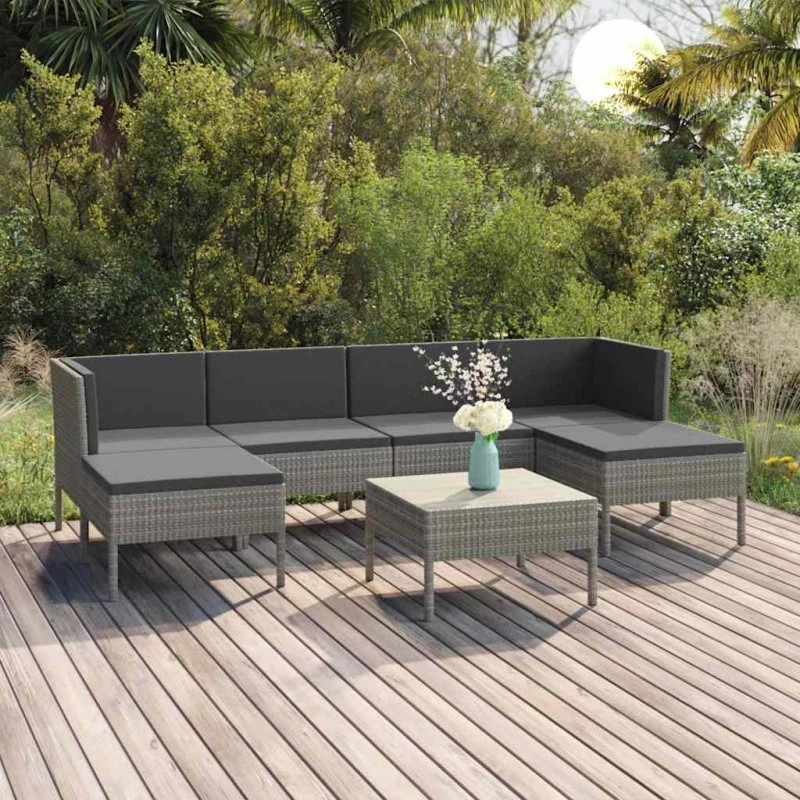 Loungesæt til haven 7 dele i grå polyrattan med hynder
