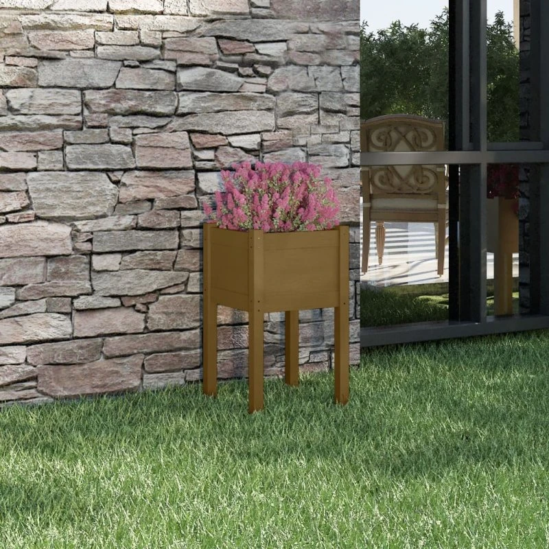 Plantekasse i massivt fyrretræ 40×40×70 cm – gyldenbrun