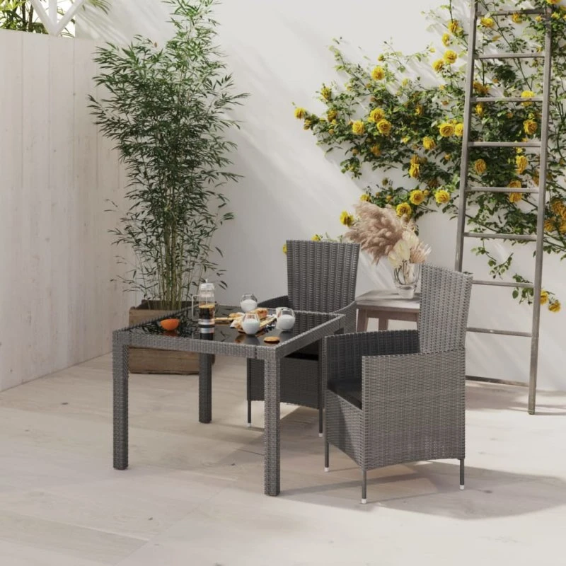 Udendørs spisebordssæt 3 dele i grå polyrattan