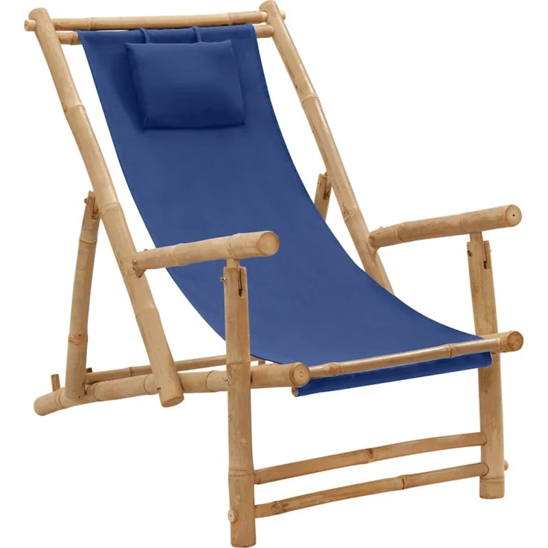 Strandstol i bambus og marineblå kanvas – højdejusterbar