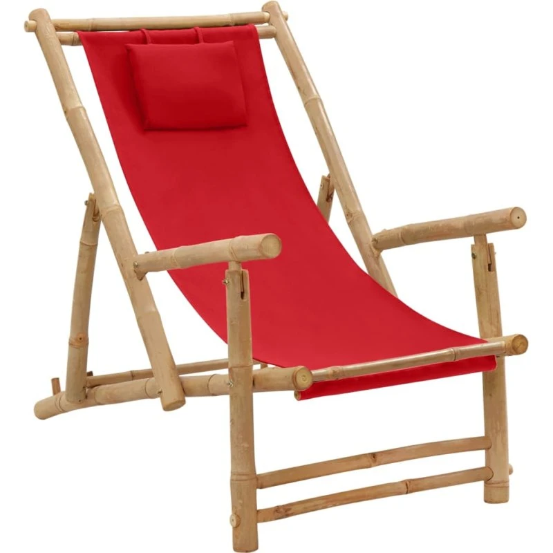 Strandstol i bambus og kanvas — rød, højdejusterbar