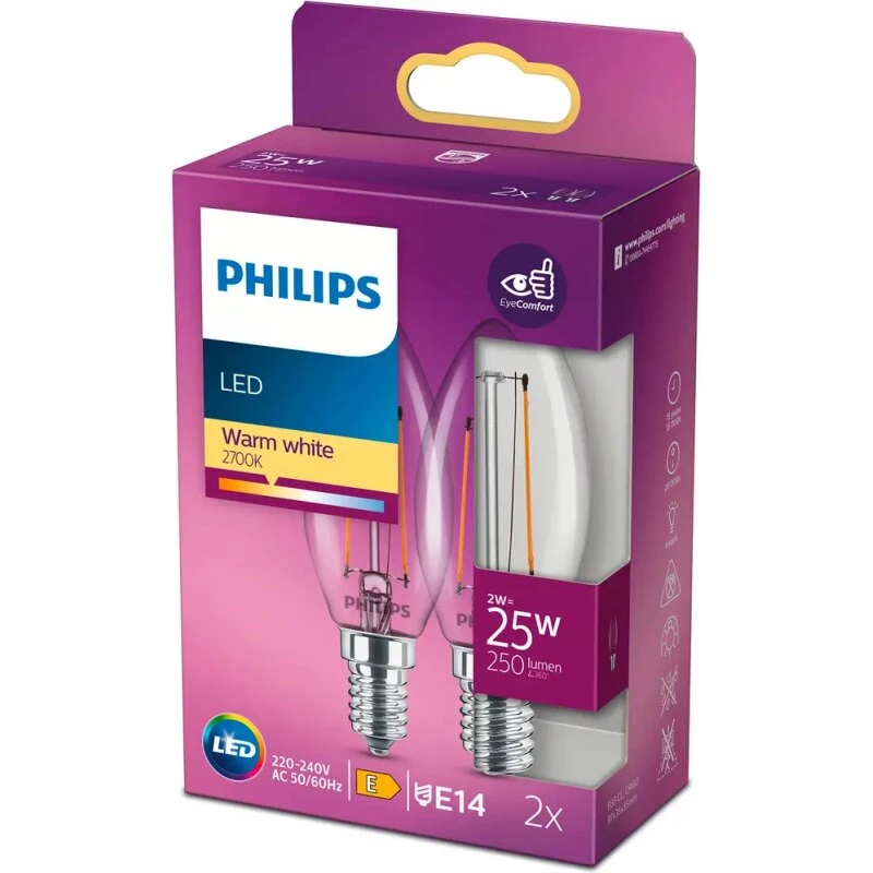 PHILIPS LED Classic Kertefilament 25W E14 varm hvid klar, 2-pak