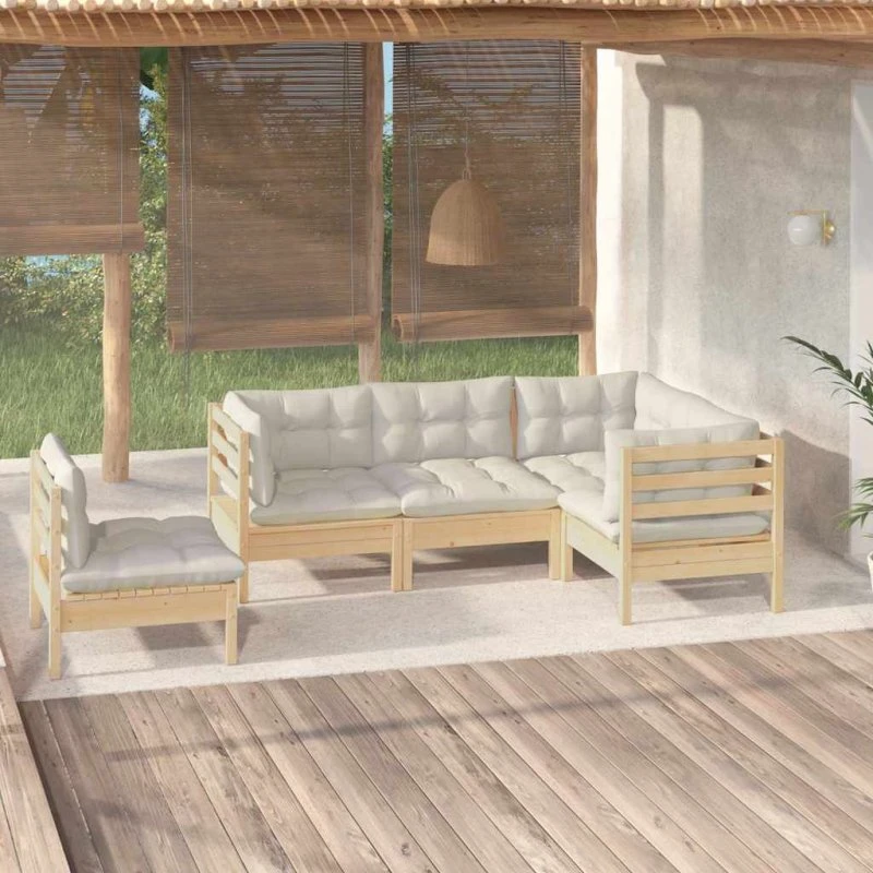 Loungesæt 5 dele i massivt fyrretræ med creme hynder