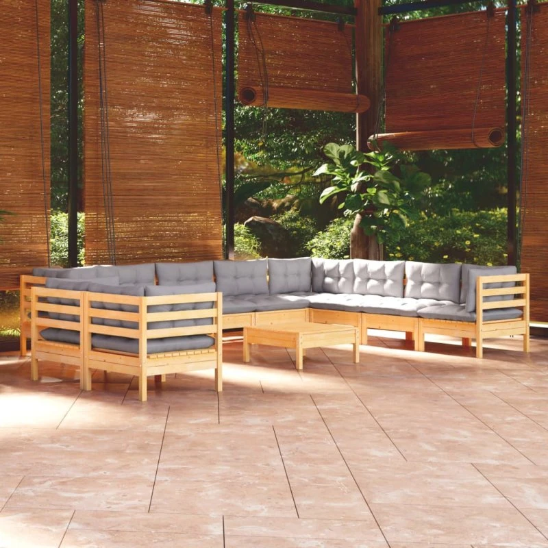 Loungesæt til haven 11 dele i massivt fyrretræ med grå hynder