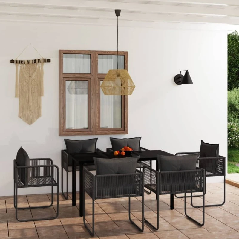 Spisebordssæt til haven 7 dele – sort, polyrattan & glas