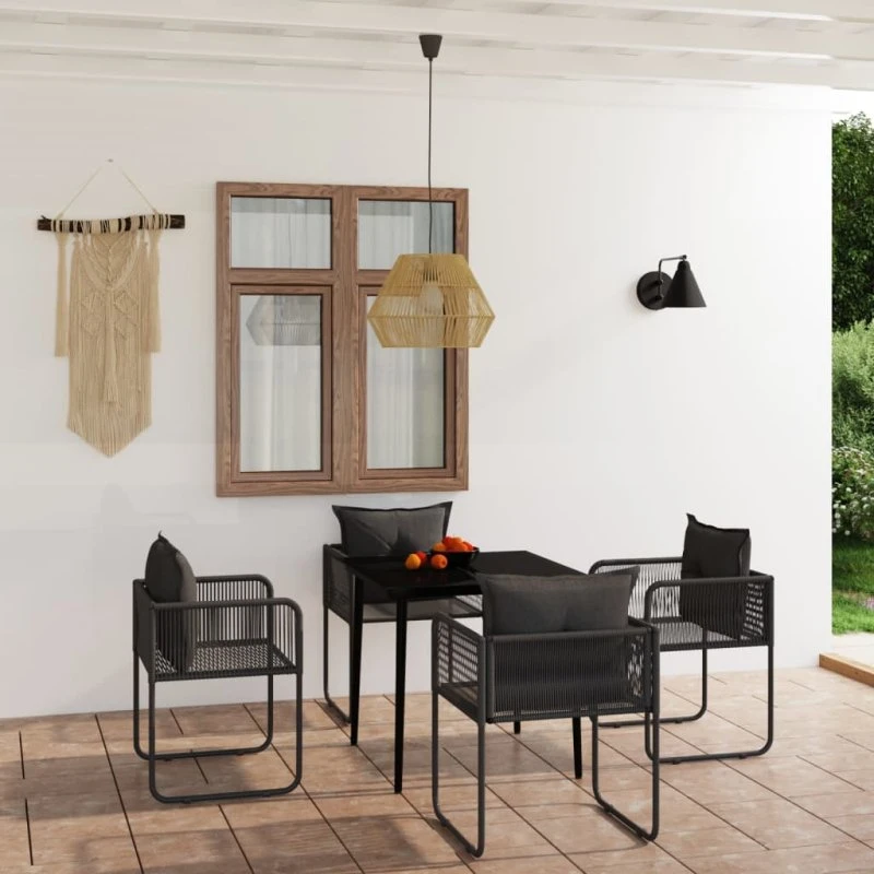 Spisebordssæt til haven 5 dele - sort, polyrattan & glas