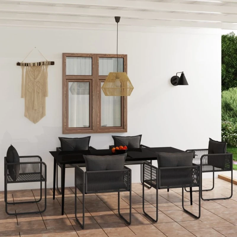 Havemøbelsæt 7 dele sort – glasbord & polyrattan