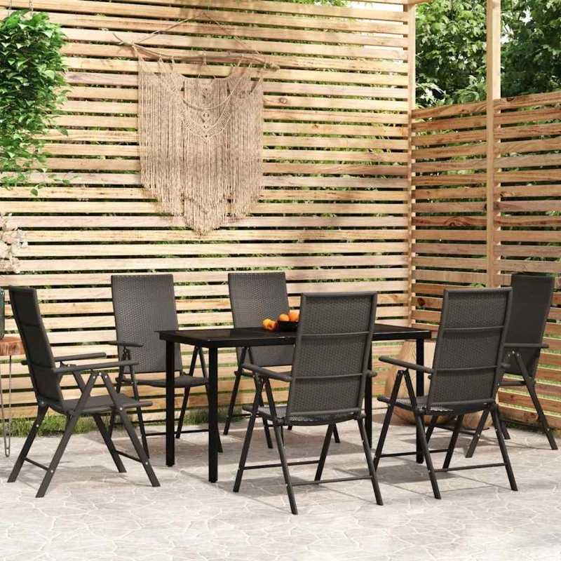 Spisebordssæt til haven 7 dele, sort (glas & polyrattan)