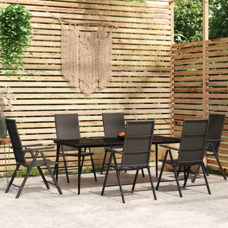 Spisebordssæt til haven 7 dele - sort, polyrattan & glas