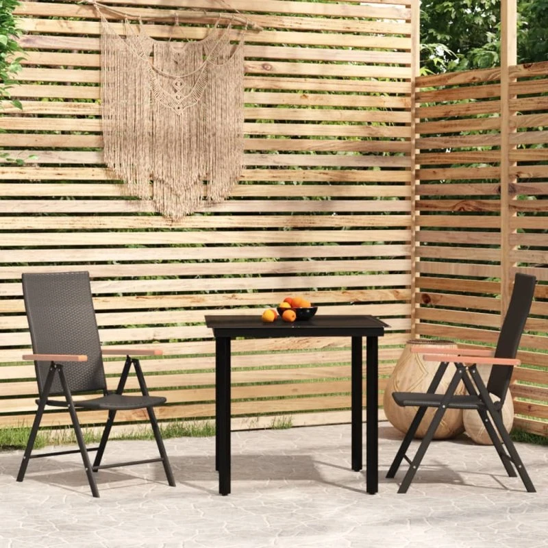 Spisebordssæt til haven 3 dele, sort – glas & polyrattan
