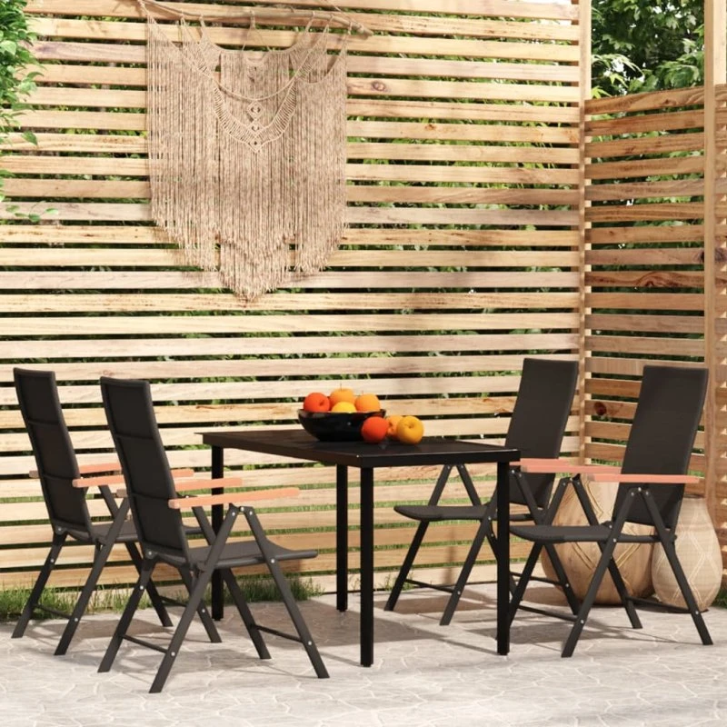 Spisebordssæt til haven 5 dele, sort – glas & polyrattan