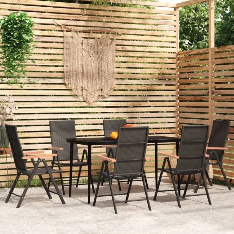 Spisebordssæt til haven 7 dele – sort, polyrattan & glas