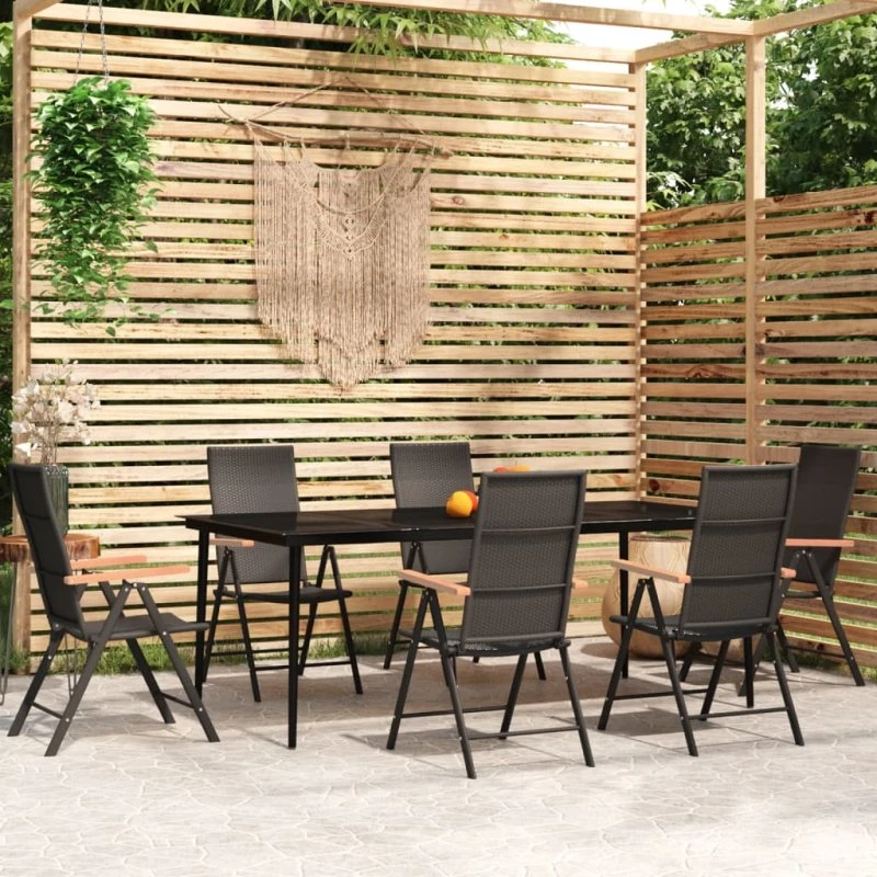 Havemøbelsæt 7 dele – sort glas/stål og polyrattan