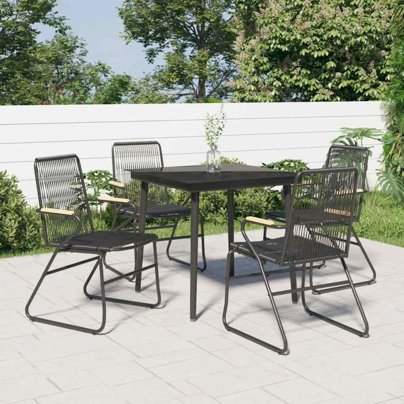 Spisebordssæt 5 dele i sort PVC-rattan med glas