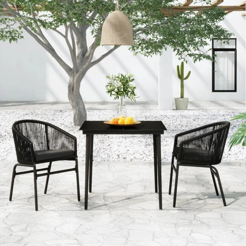 Spisebordssæt til haven 3 dele, sort - PVC-rattan & glas