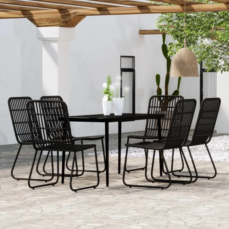 Sort havemøbelsæt 7 dele med glasbord (stål/polyrattan)