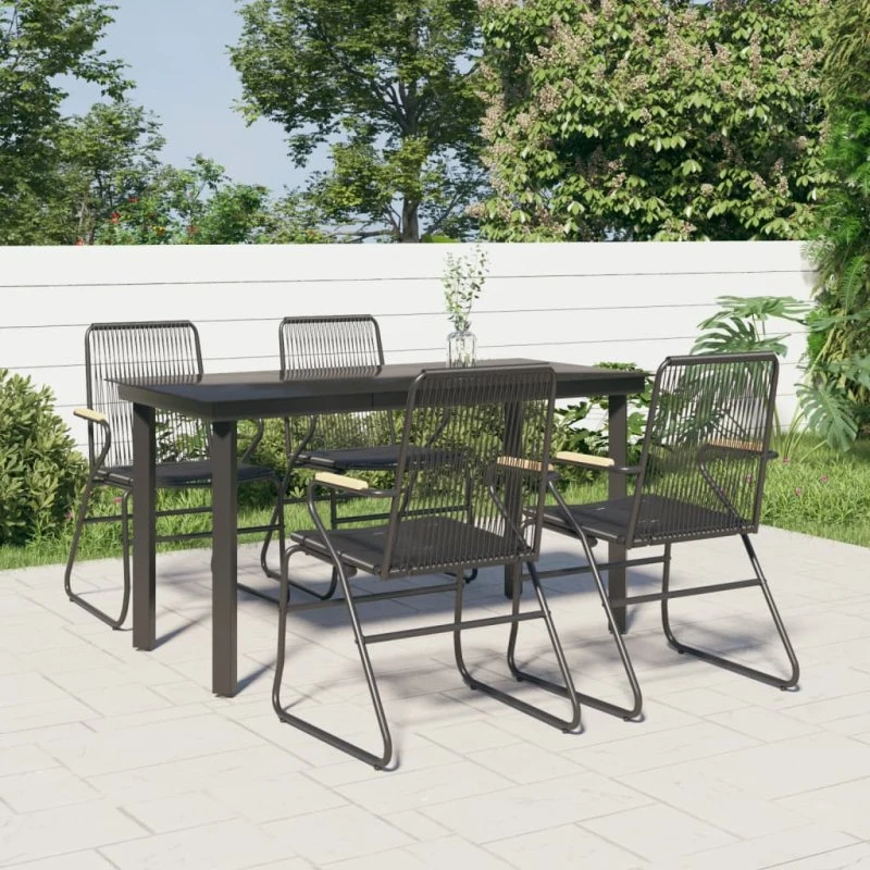 Havemøbelsæt 5 dele i sort PVC-rattan med glasbord