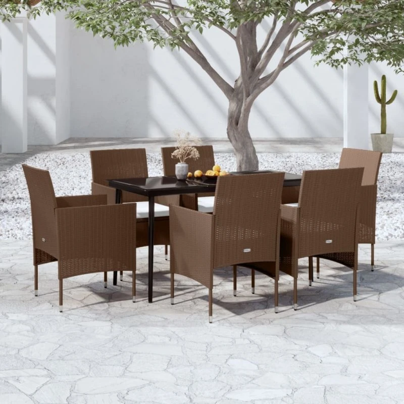 Havemøbelsæt 7 dele med hynder – brun polyrattan & sort stel