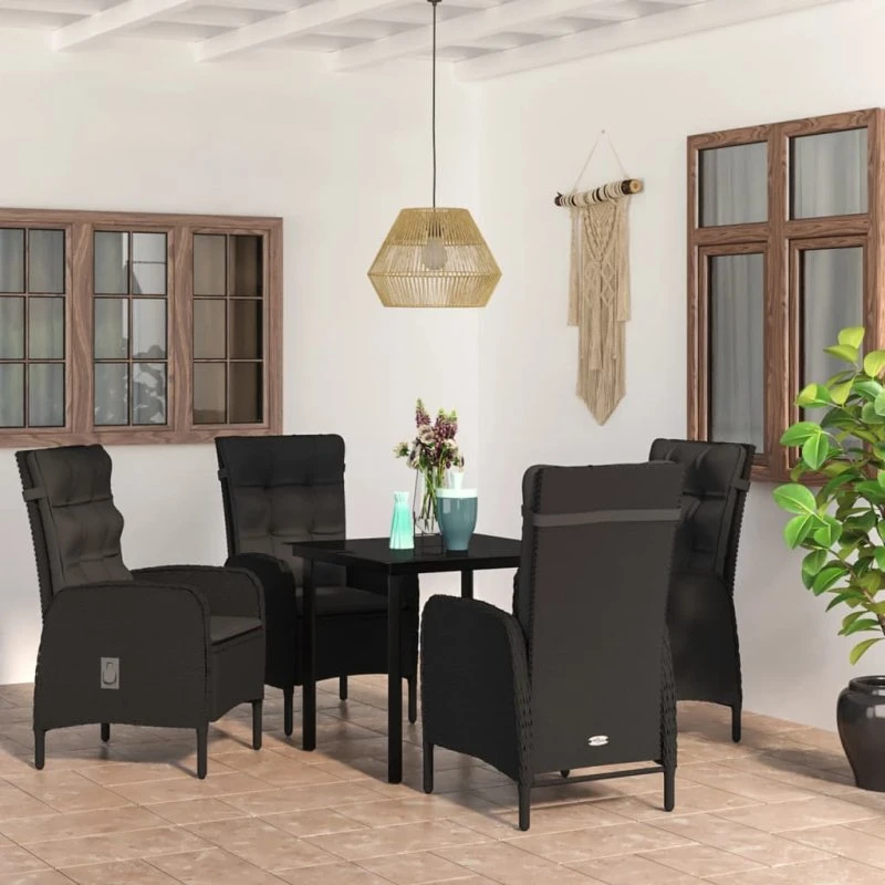 Havemøbelsæt 5 dele med hynder – sort, polyrattan & glasbord