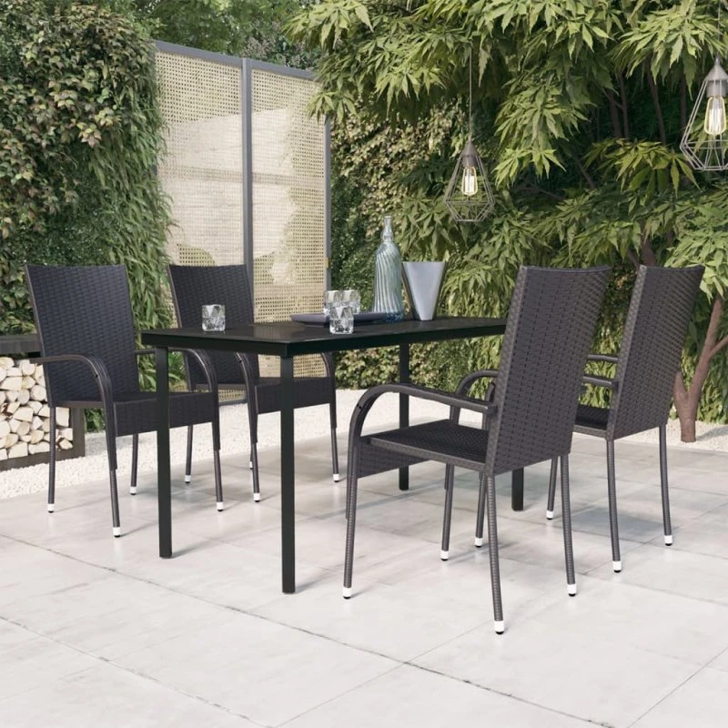 Udendørs spisebordssæt 5 dele – sort, polyrattan & glas
