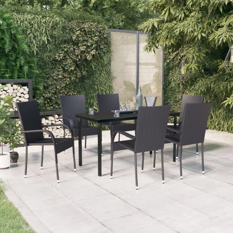 Udendørs spisebordssæt 7 dele – sort, polyrattan & glas