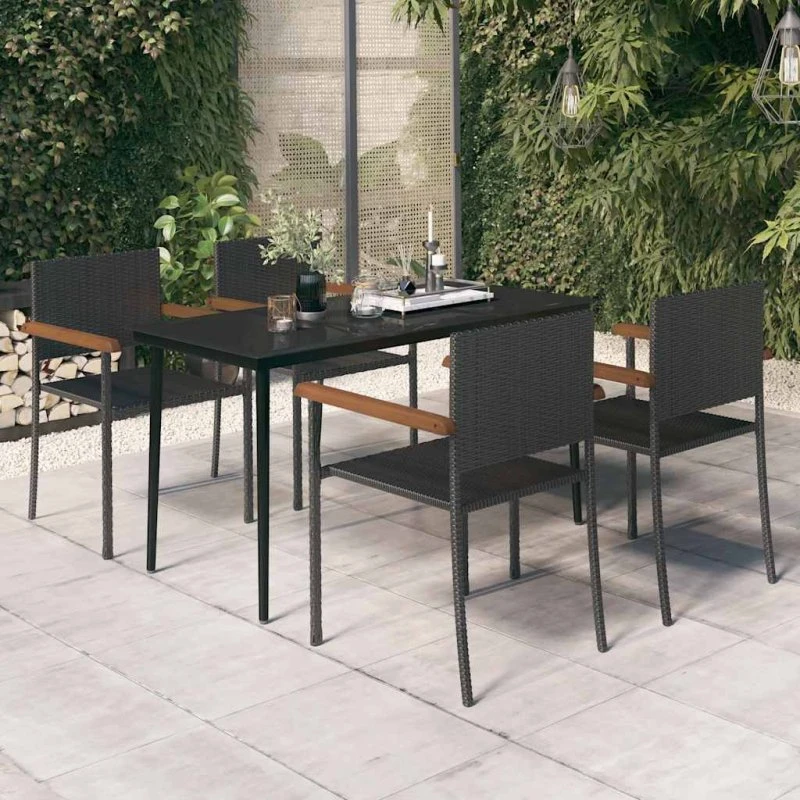Sort 5-delers havemøbelsæt i polyrattan og glas