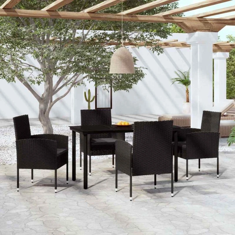 Sort 5-dele havemøbelsæt i polyrattan og glas
