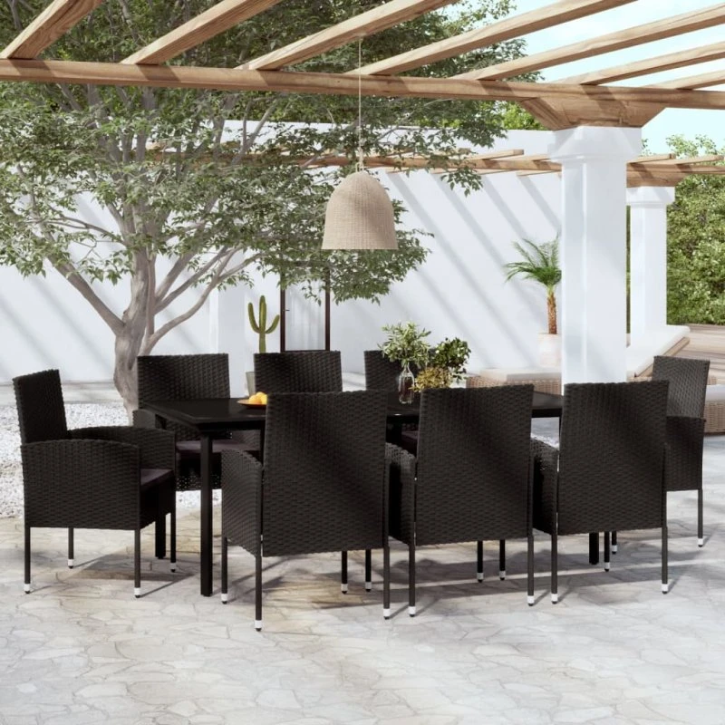 Spisebordssæt til haven 9 dele - sort polyrattan