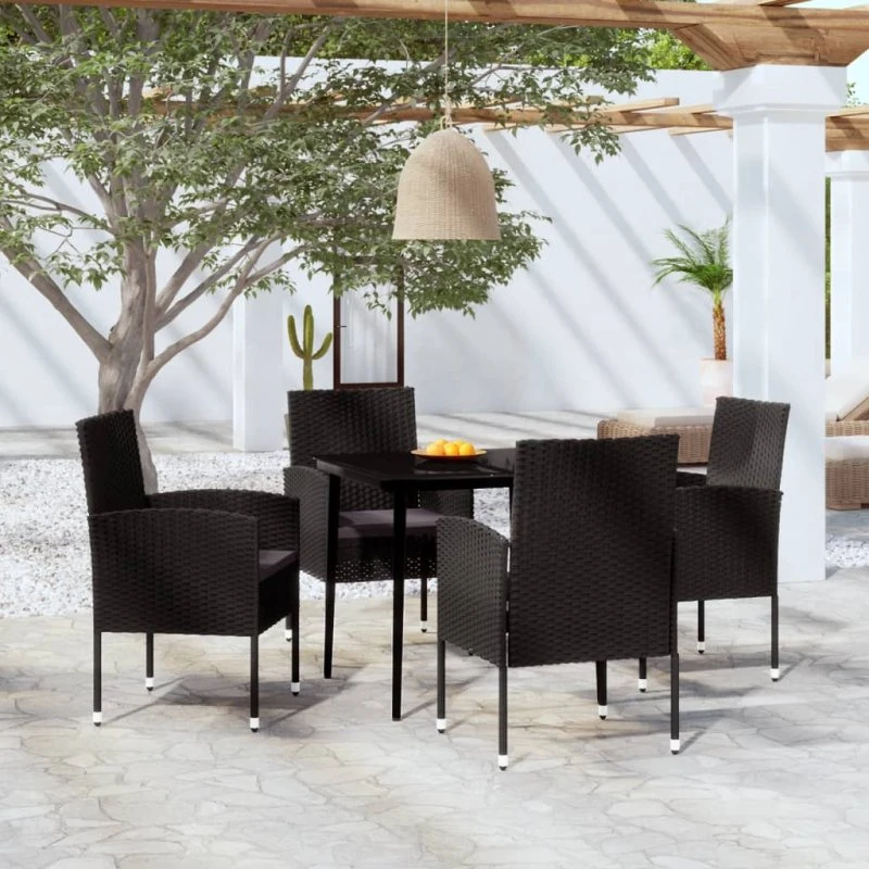 Sort havemøbelsæt 5 dele – polyrattan & glasbord