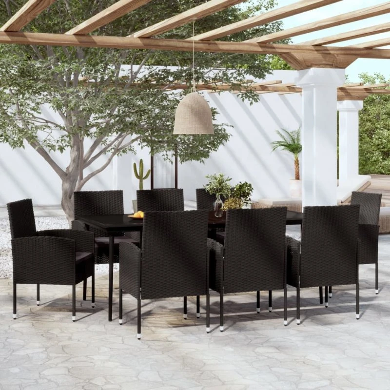 Spisebordssæt til haven 9 dele – sort polyrattan
