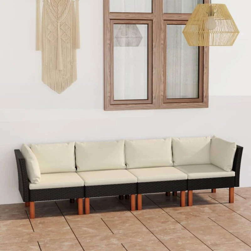 4-personers havesofa i sort polyrattan med hynder