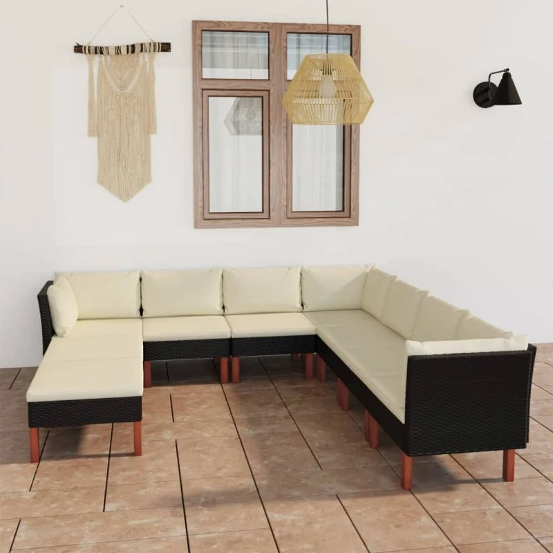 Loungesæt til haven 9 dele i sort polyrattan