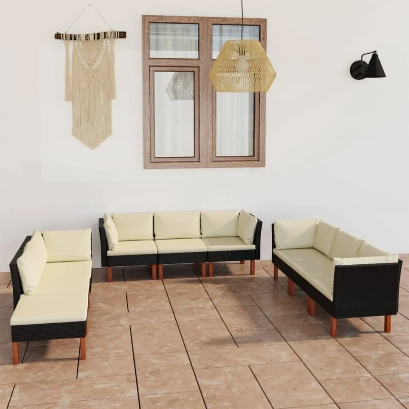 Loungesæt til haven 9 dele i sort polyrattan med hynder