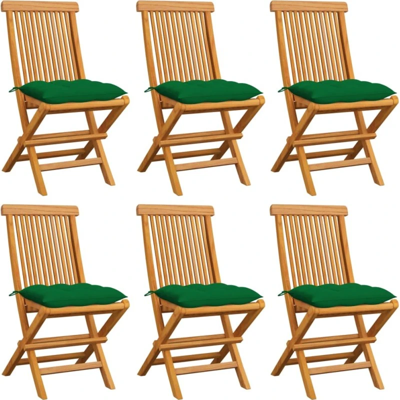 Havestole i massivt teak med grønne hynder 6 stk.