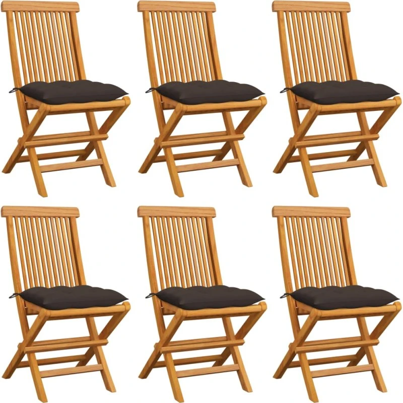 6 stk. foldbare havestole i massivt teak med gråbrune hynder