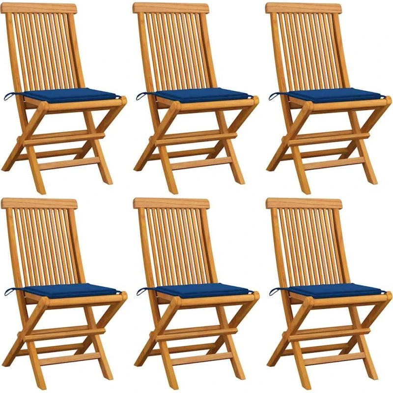 6x foldbare havestole i massivt teak med kongeblå hynder