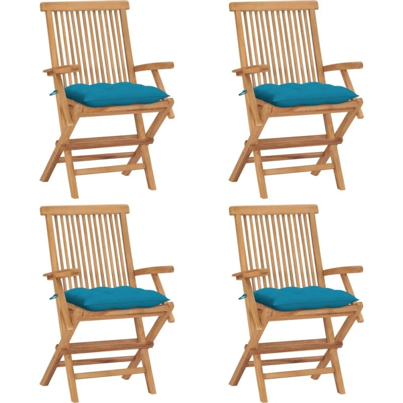 Havestole sæt 4 stk i massivt teak med lyseblå hynder