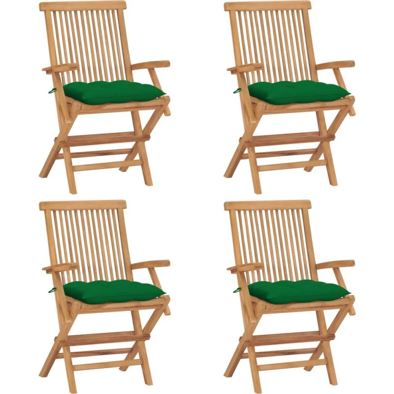 Havestole i massivt teak med grønne hynder – 4 stk