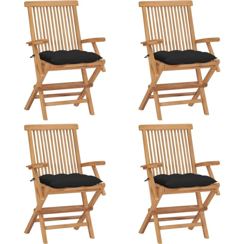 4 havestole i massivt teak med sorte hynder