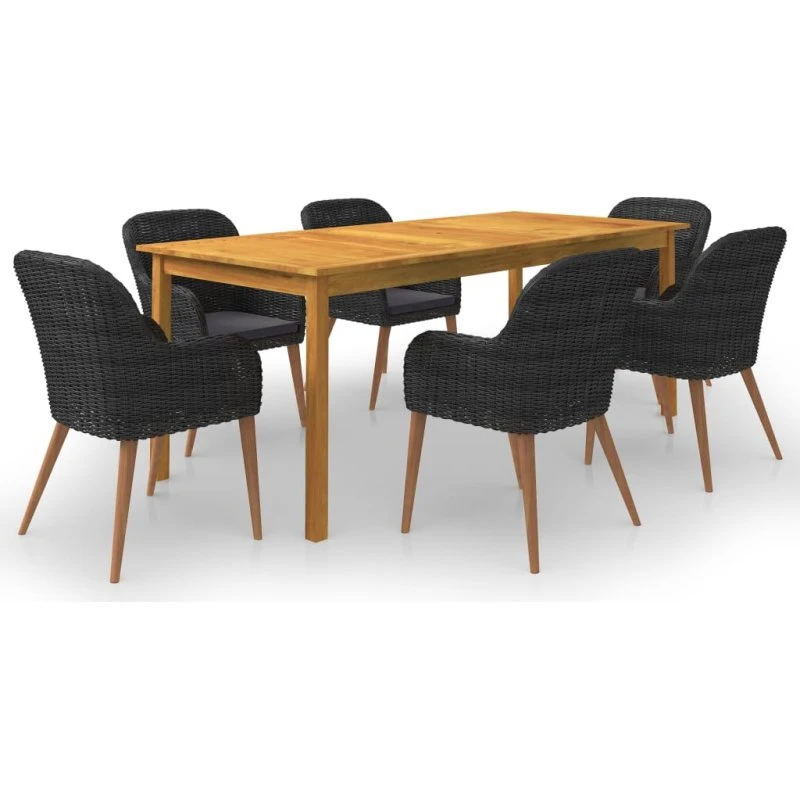 Havemøbelsæt 7 dele i sort – akacietræ & polyrattan