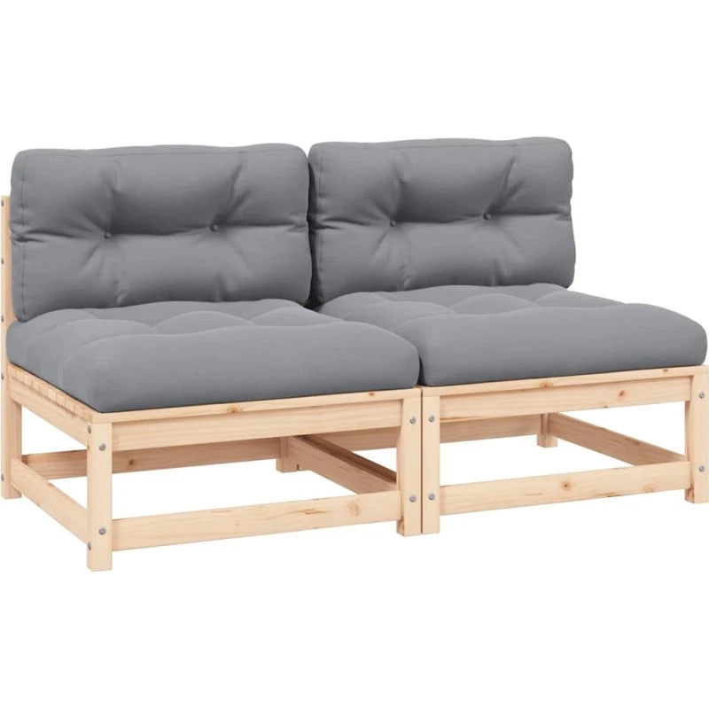 Midtermodul til havesofa 2 stk. i massivt fyrretræ med grå hynder