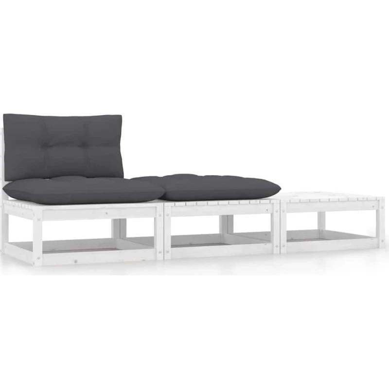 Hvid loungesæt til haven 3 dele i massivt fyrretræ med hynder