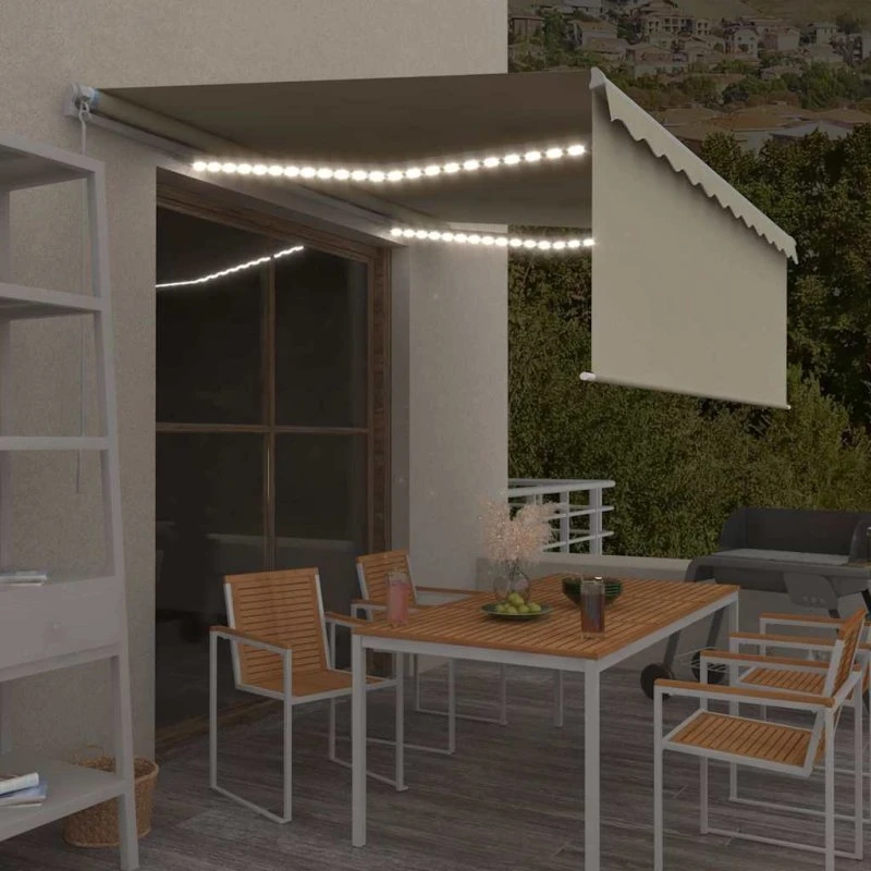 Udtrækkelig markise 4x3 m med gardin & LED – creme