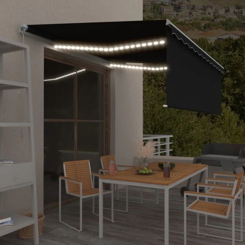 Markise med gardin & LED 4x3 m - manuel, antracit