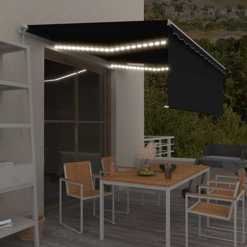 Markise med gardin og LED 4,5x3 m – antracit